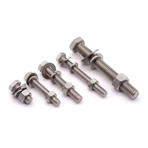Image of four sets of half inch 13 UNC coarse thread stainless steel hex bolts with nuts, flat washers, and lock washers.