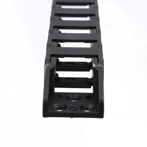 Close-up of black plastic drag chain cable carrier, 10x15mm open type for 3D printer and CNC router, wire management solution.
