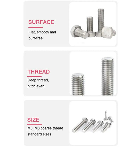 Beefy 304 Stainless Steel 3/8-16 Hex Bolts, 1 Inch Full Thread, showing surface, thread profile, and size options, 10 Pack