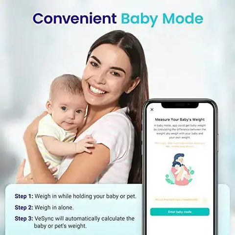 Woman holding a baby next to a smartphone displaying smart scale's baby mode instructions