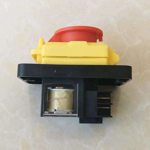 Emergency Stop Pushbutton Switch 120V 16A Waterproof IP54 with Undervoltage and Overload Protection, yellow and red housing.