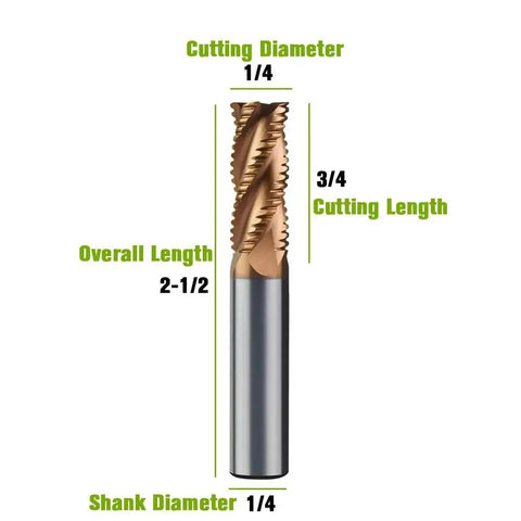 Rugged One Quarter Inch Carbide Roughing End Mill From Sisona With Four Flutes, Two And A Half Inch Overall Length, One Quarter Inch Shank, TiN Coated Tungsten Carbide