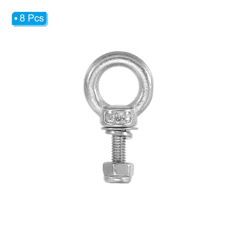 M3 X 9mm Lifting Shoulder Eye Bolt Set, 8 Pack in 304 Stainless Steel With Nuts, Washers and Gaskets, front view