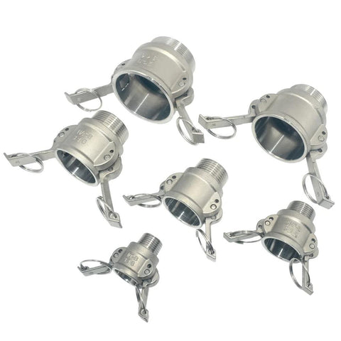 Stainless steel 316 Type B camlock adapters with male NPT threads and female camlock ends; set of eight.