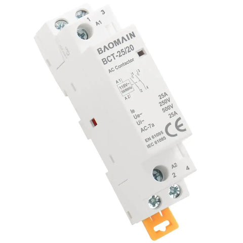 Beefy 110V AC 2 Pole Contactor With 2NO Normally Open Contacts, 25A Rating, Dual Circuit DIN Rail Mount For HVAC, Motors, Pumps And Lighting Control, Model BCT 25 20 110VAC