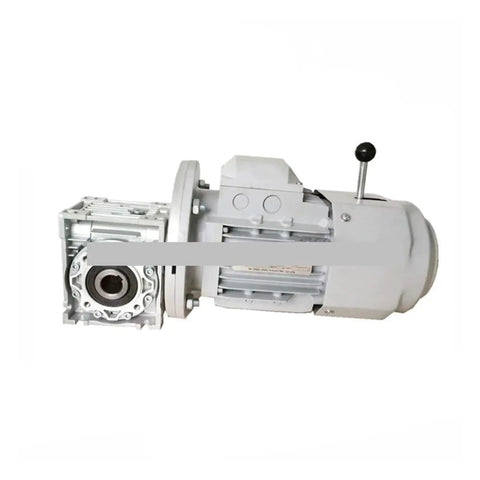 Side view of a DC motor with integrated electromagnetic clutch/brake and gear reducer in grey housing.