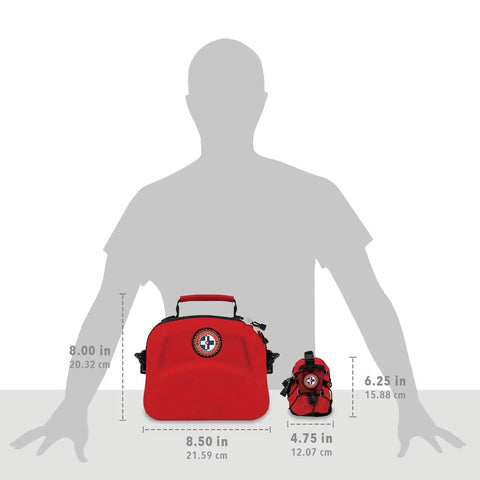 398-Piece Emergency First Aid Kit With Bonus Mini Backpack displayed against a silhouette with size dimensions in inches and centimeters