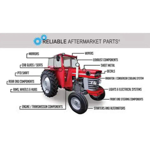 Diagram of a red tractor with labeled parts, including exhaust, mirrors, and engine components from Reliable Aftermarket Parts