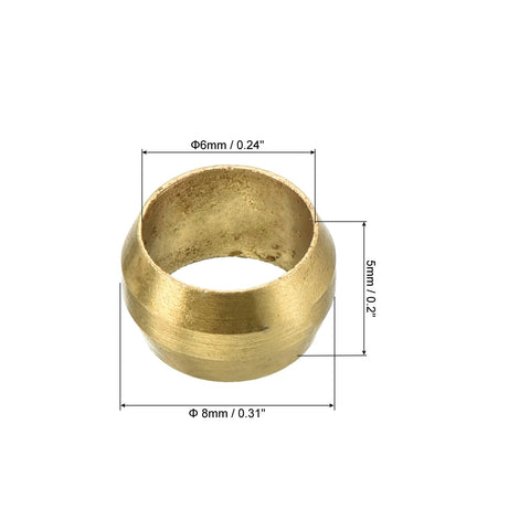 Brass 6mm tube compression sleeve ferrule, 8mm outer diameter, 5mm tall; single piece shown