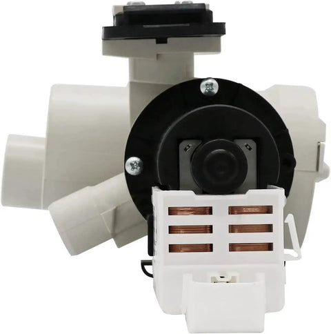 Washer drain pump assembly with white plastic housing, black round motor, and copper windings (front view)