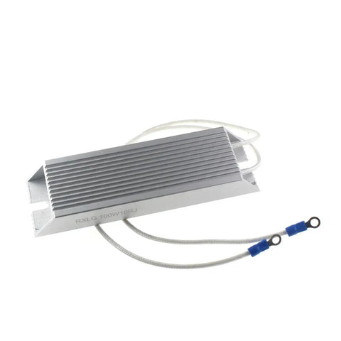 RXLG 100W aluminum fixed resistor for automotive braking with ribbed fins and two ring-terminal leads (side view)