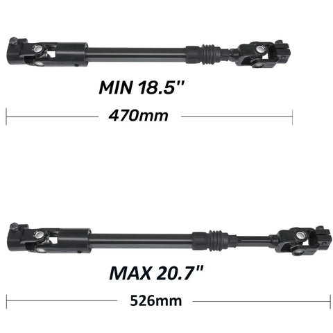 Adjustable steering column shaft with U-joint for Jeep Cherokee Comanche, shown extended from 18.5 to 20.7 inches.