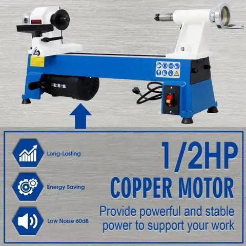 Versatile Benchtop Wood Lathe Workhorse With 10 By 18 Turning Capacity, Five Variable Speeds 500 750 1150 1800 3200 RPM, 1/2HP Power, Mini Wood Lathe