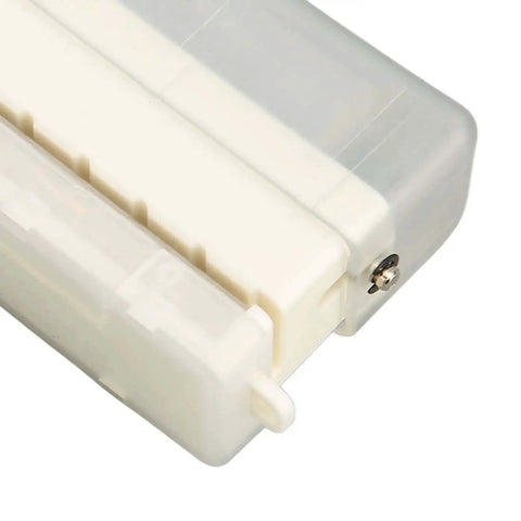 Close-up of portable Heavy Duty Do It All 6 Hole Paper Puncher with transparent body, highlighting metal components and positioning pillar.