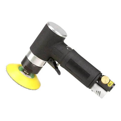 Front view of a 3-Inch Pneumatic Polishing Tool, Your Go-To Ultra Fast 2500 RPM Powerhouse, Lightweight Industrial Grade Hand Tool With Low Noise Silencer