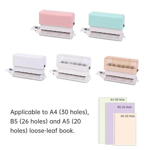 Five pocket-size six hole round paper punches in pink, green, white, transparent brown for A4 A5 B5 notebooks and planners