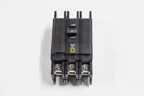 Front view of Used QOU330 30 Amp 240V 3-Pole Miniature Circuit Breaker with 10K AIC Through-Feedthrough Design for panel use.