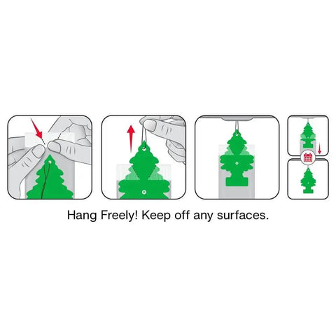Instructions for hanging car air freshener with Black Ice scent, showing steps to attach the green tree to a surface, 24 pack.