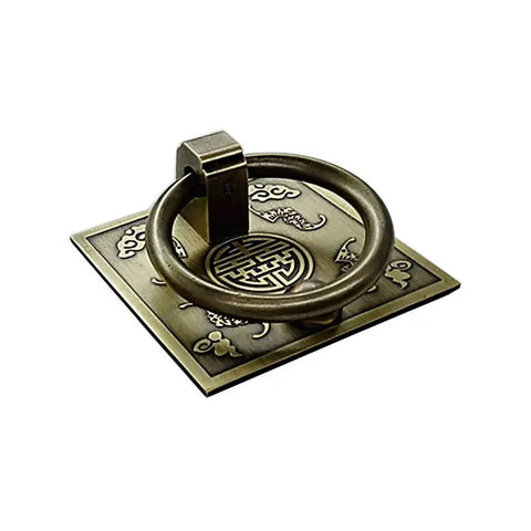 Chinese Style Antique Brass Ring Pull Handle Set for cabinets and wardrobes, 60mm square brass hardware, classic furniture decoration, front view.