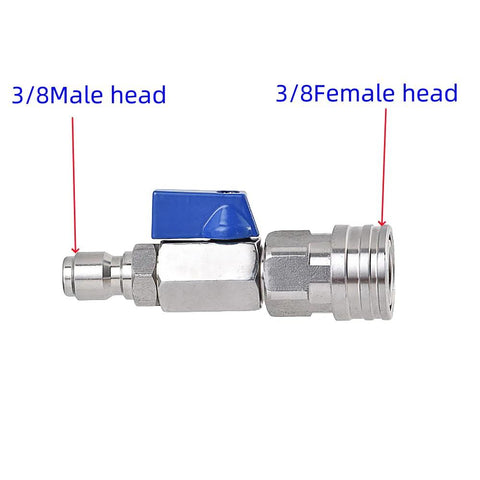 High pressure washer ball valve kit, stainless steel valve with blue lever and 3/8 in quick-connect fittings (side view)