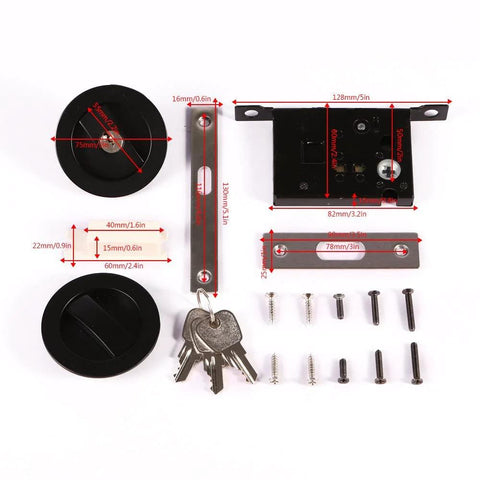 Invisible Barn Wood Sliding Door Lock Hardware With Cup Handle And Keys, Black Finish, 2.95 Inch Diameter, Zinc Alloy Pocket