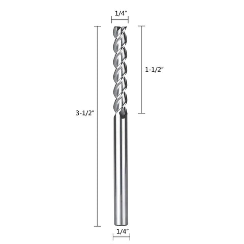 Aluminum CNC End Mill Quarter Inch Shank Three Flute Upcut Router Bit Long Three And A Half Inch Overall Length One And A Half Cutting Length One Quarter Inch Cutting Diameter Carbide End Mill For Non Ferrous Metals And Aluminum