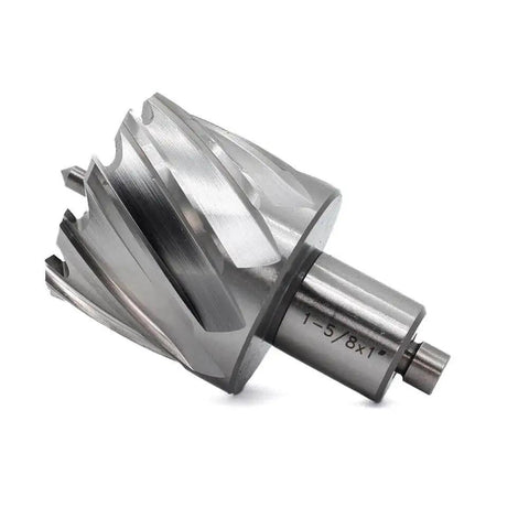 Annular Cutter For Magnetic Drill Press Oscarbide One And Five Eighths Inch Cutting Diameter One Inch Depth Of Cut Three Quarter Inch Weldon Shank With Two Flats And Pilot Pin Thin Walled With Dual Teeth For Faster Holes In Metal, showing side view and teeth design.