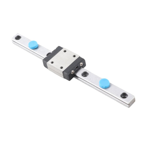 100mm linear rail guide with sliding block on aluminum rail and blue adjustment caps