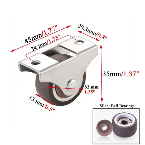 Mini Fixed Caster Wheels 1.25 Inch Set Of 4 With Silent Bearing and Metal Top Low Profile TPE Rubber Casters dimensions