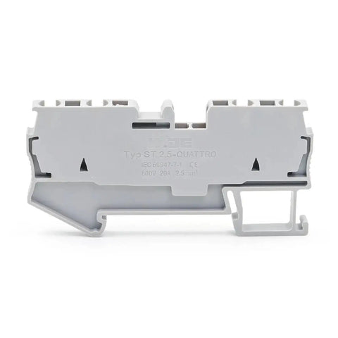 Ten Pack DIN Rail Terminal Block 4 Wire 2.5mm2 Spring Clamp Connector 300V ST 2.5 Quattro Green Heavy Duty front view