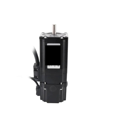 Front view of black NEMA-23 servo motor with brake and attached cables.