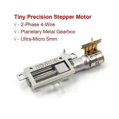 Ultra Micro 5mm Stroke Linear Actuator With 5mm Travel, 2 Phase 4 Wire Stepper Motor, Precision Metal Gearbox, close-up view.