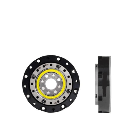 Front and side view of Strain Wave Gears Harmonic Drive Gearbox for NEMA 17 motors, 100 to 1 reduction, low backlash, compact 52mm size.
