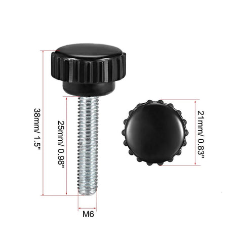 Six Pack Knurled Clamping Knobs M6 X 25mm Thumb Screws With 21mm Round Head, Zinc Plated Carbon Steel Black, Quick Fastening