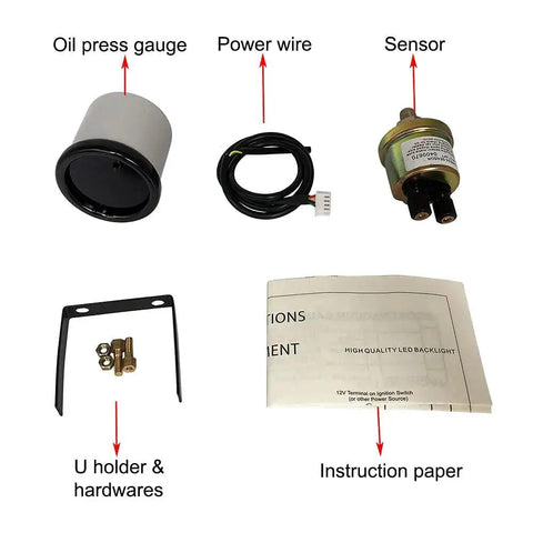 Components of 2 Inch Oil Pressure Gauge With Sensor For Cars 52mm Digital LED Display 0-140 PSI, including sensor, power wire, and holder