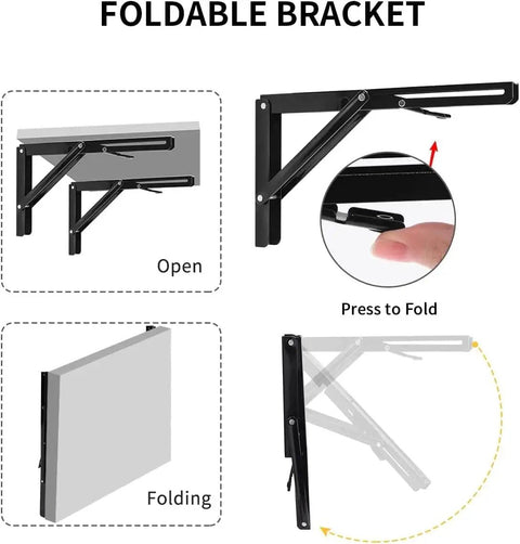 Diagram of Heavy Duty 16 Inch Folding Shelf Brackets Pack Of 2 By YUMORE Black L Bracket Hinge showcasing open, folding, and press to fold actions.