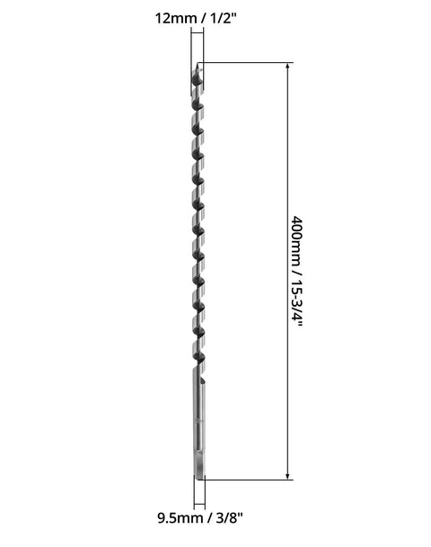 Heavy Duty Wood Auger Drill Bit For Fast Drilling With Self Feeding Coarse Screw Point One Half Inch Diameter Sixteen Inch Length Three Eighth Inch Hex Shank QWORK side view