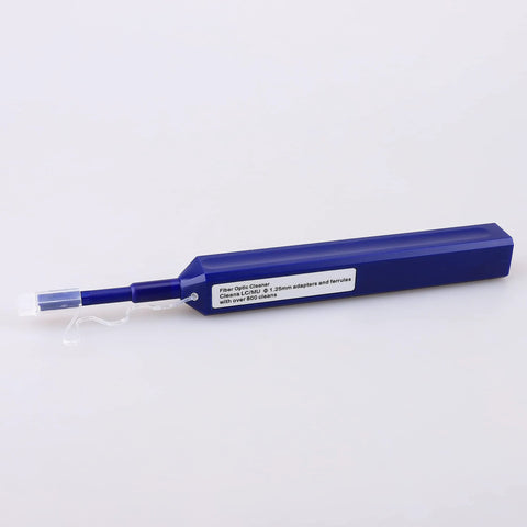 Blue fiber optic cleaning pen with LC/MU 1.25mm adapter tip and clear cap, 4-in-1 cleaning tool
