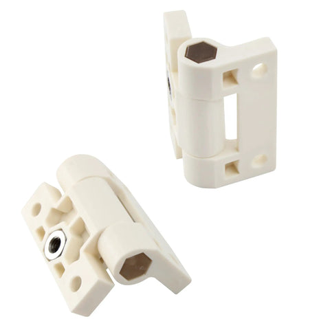 Adjustable Torque Position Control Cabinet Hinges 43x36mm White Plastic, 2 Pack With 8 Screws, front and side view
