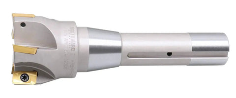 Side view of Indexable End Mill With 2 Inch Diameter And Six And One Eighth Inch Overall Length, 90 Degree Right Hand Cut, R8 Shank, 5 APKT1604 Carbide Inserts Tin Coated, No Coolant Through.