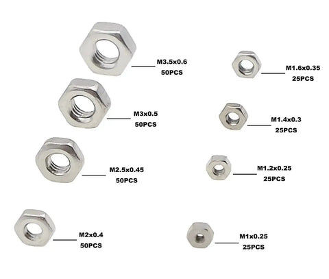 Go-To 304 Stainless Steel Hex Nuts Set Metric M1 To M3.5 Coarse Thread Assortment visible with size labels