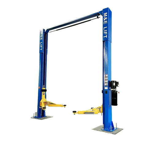 Front view of ME-LM110S two-post car lift, blue steel frame with yellow lifting arms, 11000 lb capacity