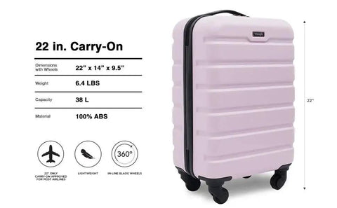 Lilac 22 Inch Hardside Spinner Carry On Luggage With 360 Degree Wheel System, durable ABS shell, lightweight, 22" size, side view.