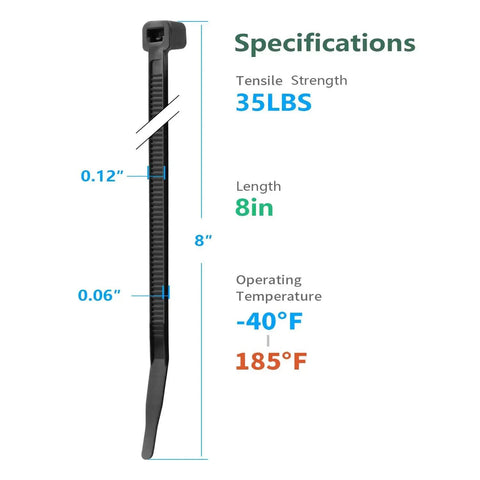 8 Inch Black Zip Ties 1200 Pack 35 Lb Tensile Strength Self Locking Nylon Cable Ties UV Resistant specifications with measurements