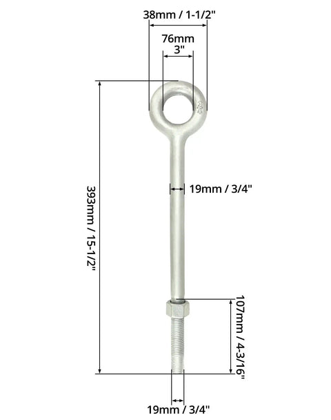 Dimensions of Heavy Duty Galvanized Eye Bolts With Nuts 3/4 Inch By 12 Inch Forged Steel 2 Pack For Rigging And Lifting
