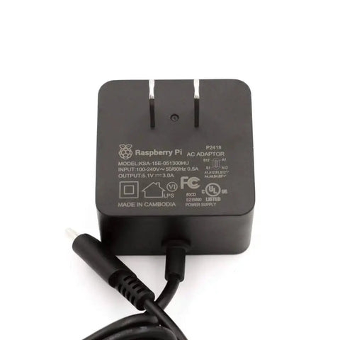 USB C Power Adapter For Pi 4 B With 5.1V 3A Output, 15.3W Fast Supply, black power brick with attached cable on white background