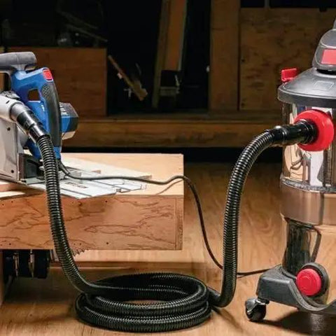 10 Ft Dust Collection Hose Kit With 5 Fittings for woodworking tools and shop vacuums, connected to a saw and vacuum system