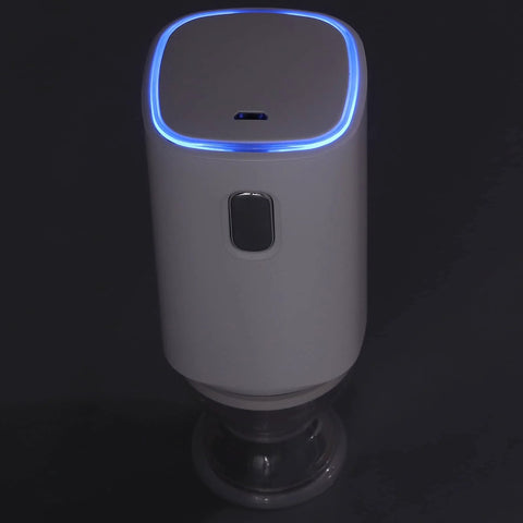 Cordless 5V electric air pump with blue LED ring, white compact portable vacuum pump.