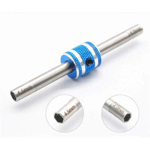 Mini 4WD Hexagonal Turnbuckles 4 To Four Point Five Millimeter Self Made Parts for Tamiya Pro Tool, metal hex tool with blue grip.