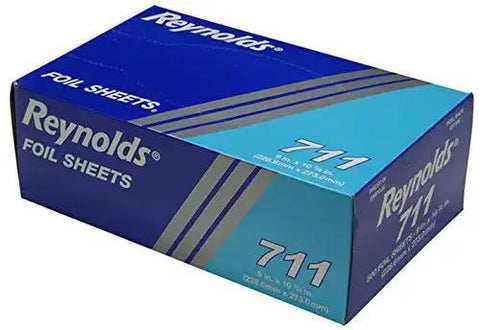 Box of Pop Up Interfolded Aluminum Foil Sheets In Silver, 500 Count, shown in blue packaging, for wrapping food, grilling, and freezer storage.